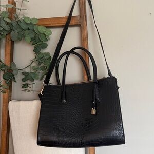 Black Croc-Embossed Tote Bag with Padlock Detail